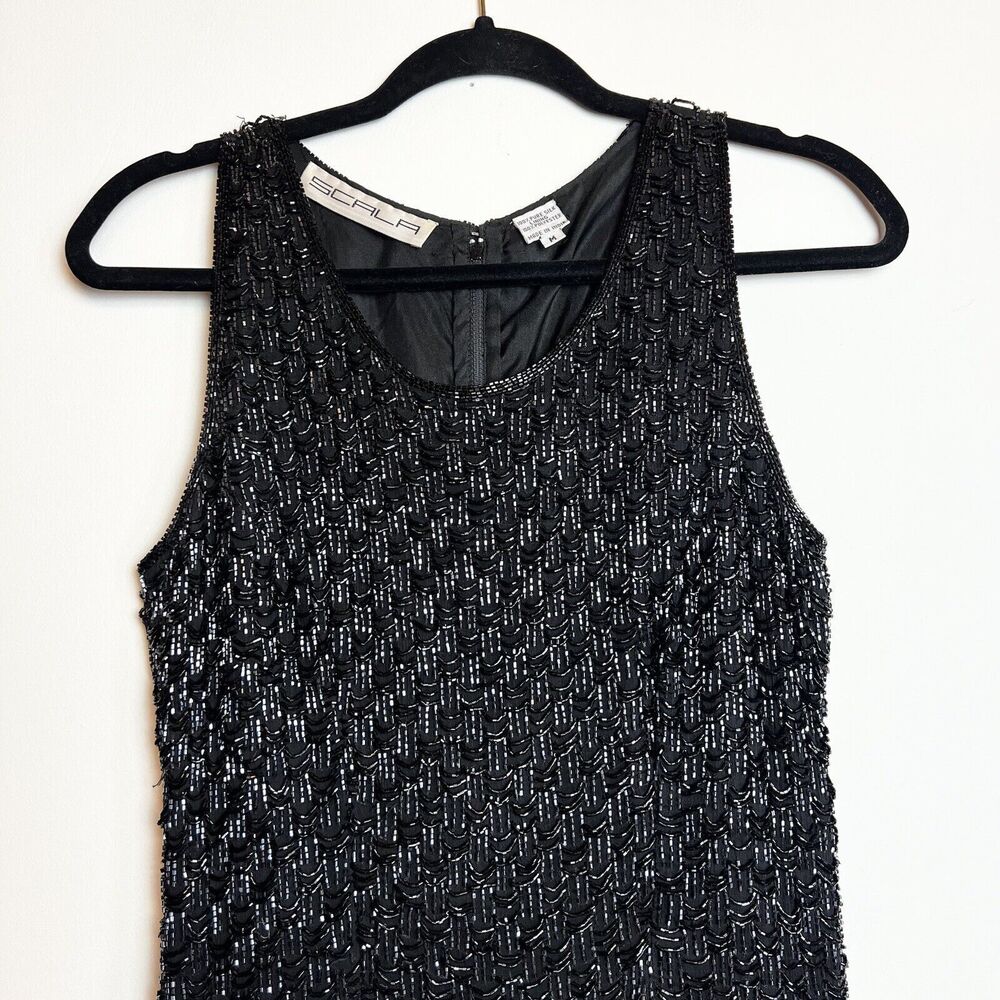 Scala Vintage Silk Beaded Black Cocktail Dress LBD Sz M